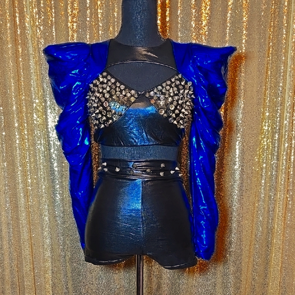 Glamour Metallic Royal Blue & Black Lady Gaga Madonna Studded 2 Piece Dance Cost